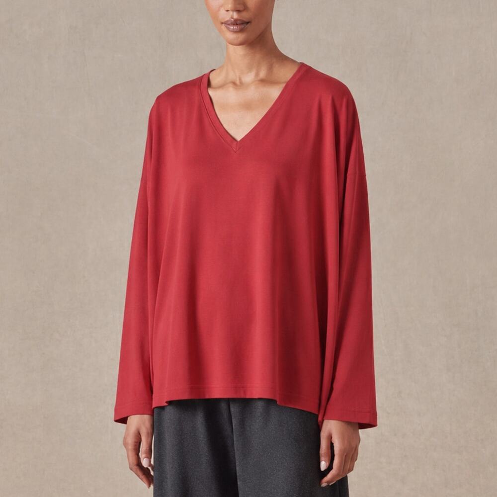 Eskandar Red Pima Cotton Oversized V-Neck T-Shirt One Size